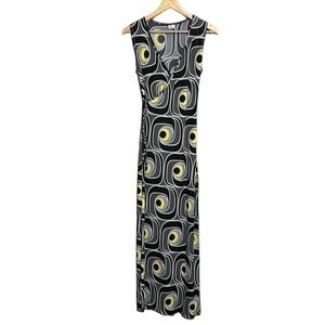 MORA Vintage Y2K Maxi Dress Abstract/Shimmer Print Black/Yellow Sleeveless Sz S